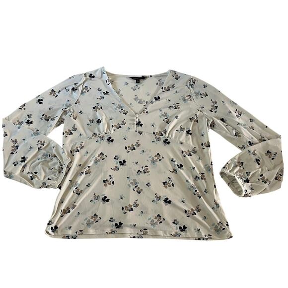 Banana Republic White Blue Floral Baby Doll Blouse Sz L Cottagecore Stretch - Picture 1 of 10